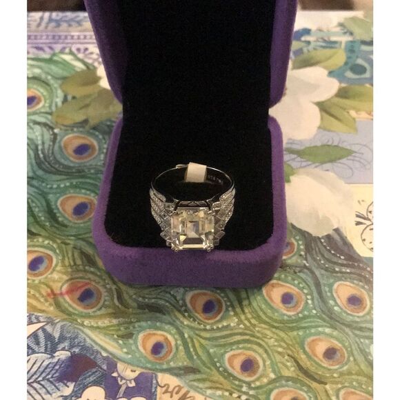 Gorgeous 9.42 Emerald Cut Four Row Wide Sim Diamond Cocktail Ring Sz 9 - Picture 1 of 4